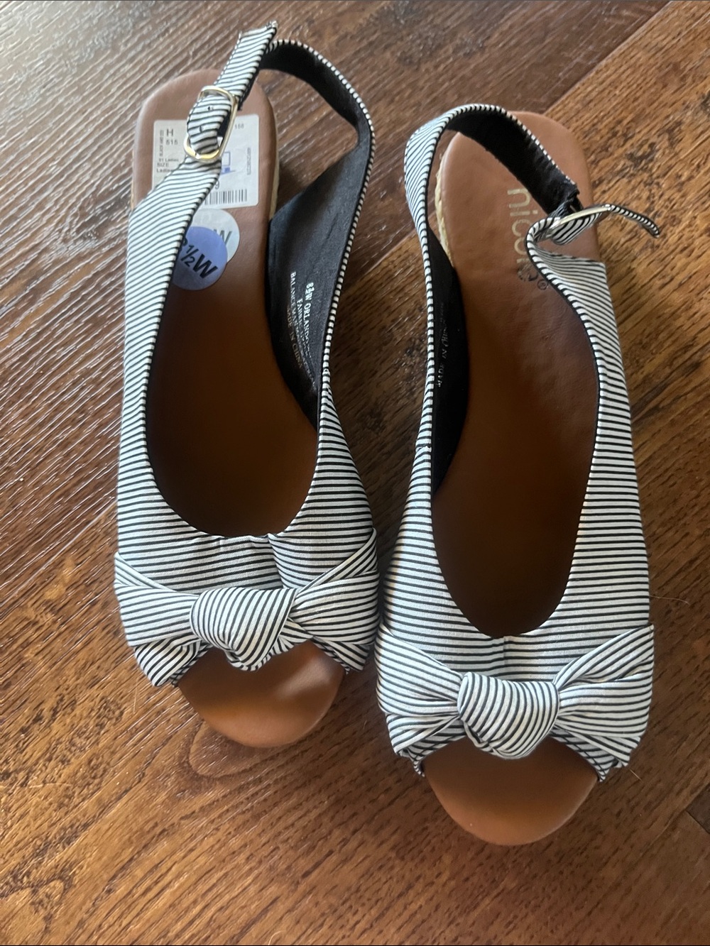 Nicole Miller Black & White Striped Bow Peep-Toe Slingbacks